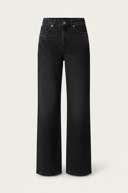 Pantalon Noir Évasé Paillettes Taille Haute Femme - Jean - vue 3