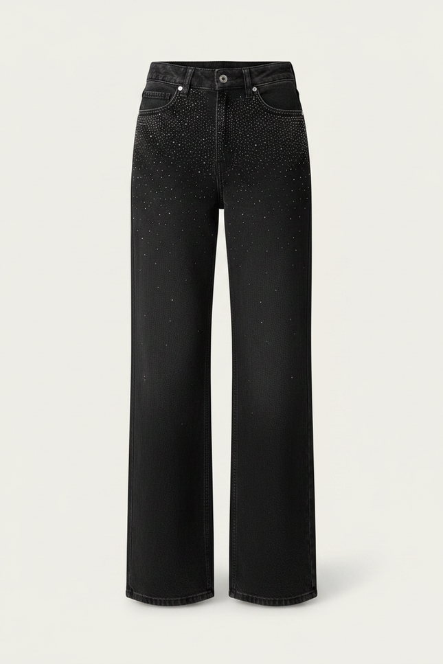 Pantalon Noir Évasé Paillettes Taille Haute Femme - Jean - vue 3