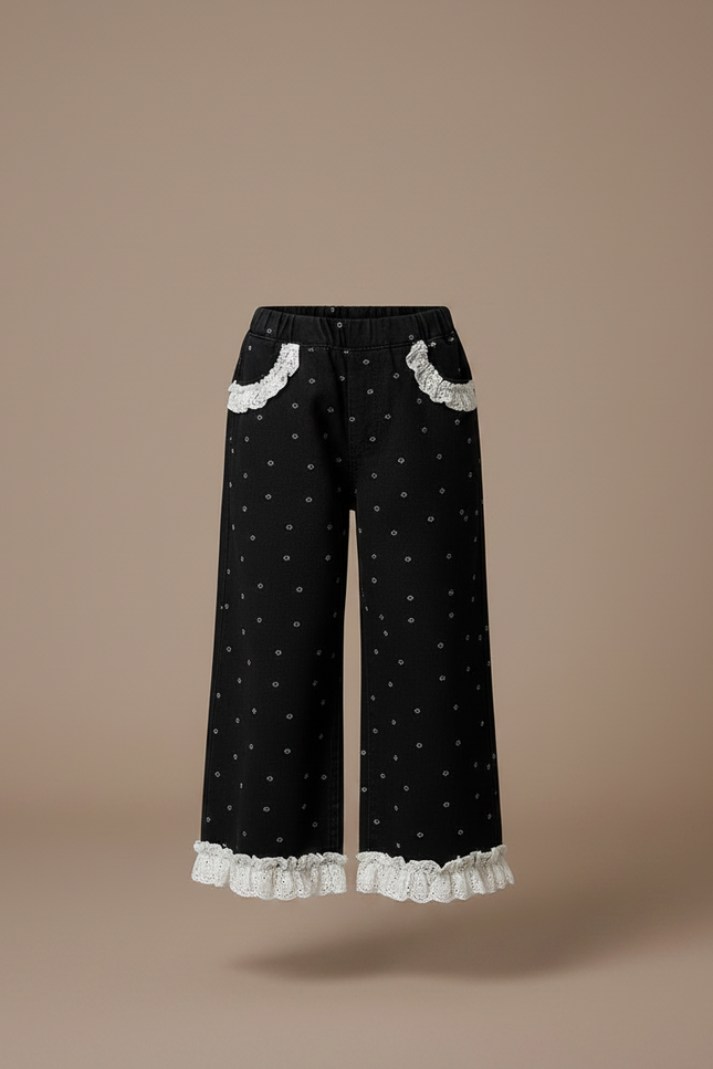 Pantalon Noir Fille Ample Pois Dentelle Volants - Maille - vue 3