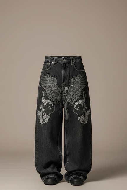 Pantalon Noir Ample Brodé Aigle Streetwear Femme - Jean - vue 3