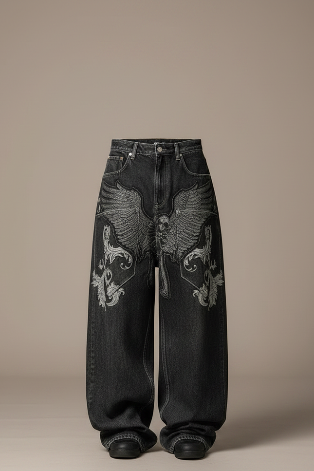 Pantalon Noir Ample Brodé Aigle Streetwear Femme - Jean - vue 3