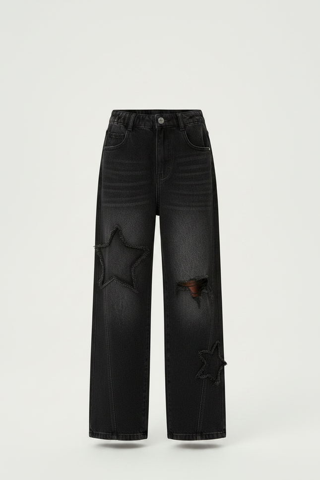 Pantalon Noir Ample Étoiles Détruit Enfant - Jean - vue 3