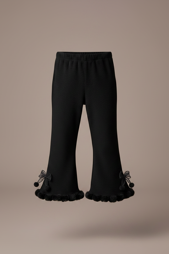 Pantalon Noir Côtelé Évasé Nœuds Pompons Fille - Maille - vue 3