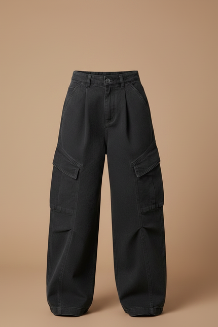 Pantalon Noir Cargo Ample Taille Haute Fille - Toile - vue 3