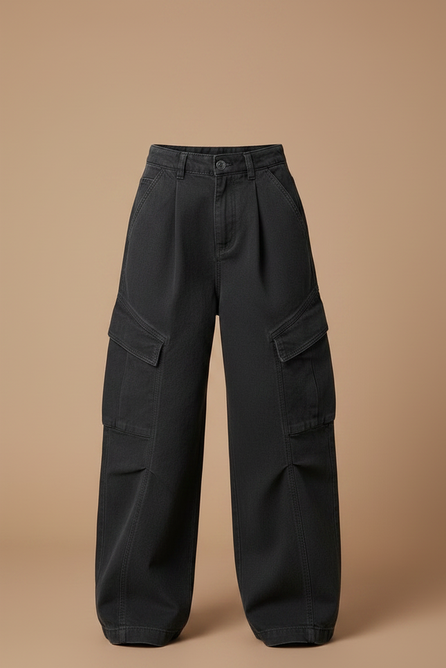 Pantalon Noir Cargo Ample Taille Haute Fille - Toile - vue 3
