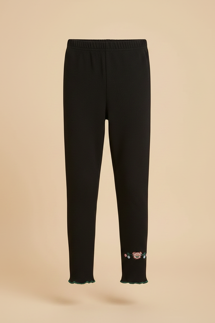 Pantalon Noir Côtelé Brodé Floral Fille Slim - Maille - vue 3