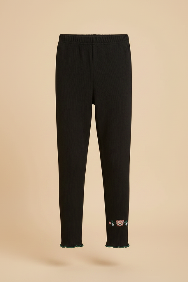 Pantalon Noir Côtelé Brodé Floral Fille Slim - Maille - vue 3