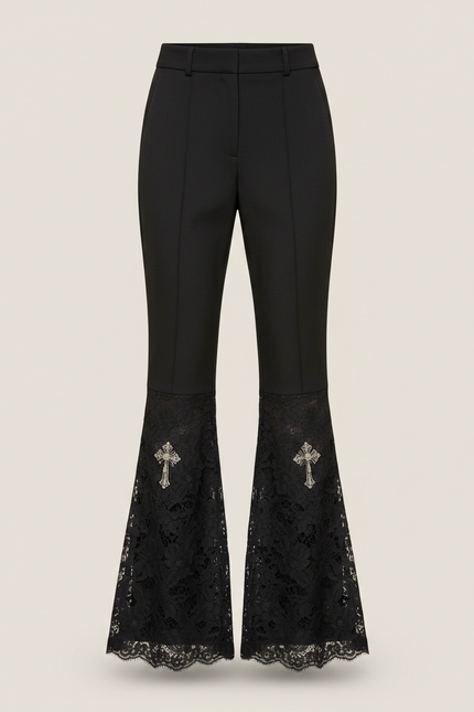 Pantalon Noir Évasé Dentelle Croix Gothique Sexy - Gabardine - vue 3