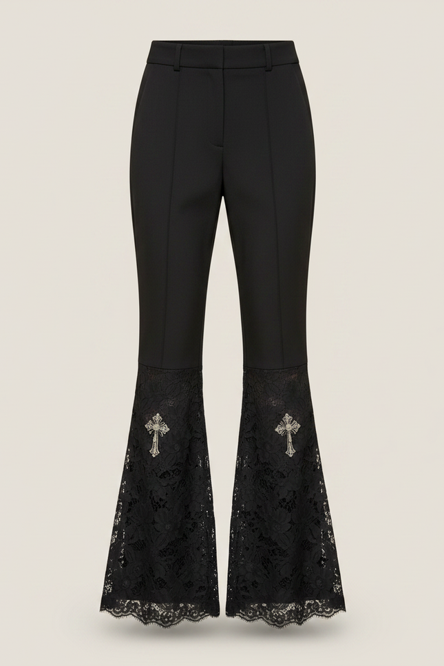 Pantalon Noir Évasé Dentelle Croix Gothique Sexy - Gabardine - vue 3