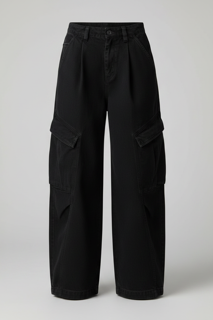 Pantalon Noir Cargo Ample Femme Taille Haute - Toile - vue 3