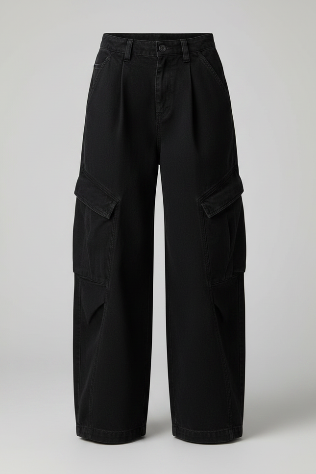 Pantalon Noir Cargo Ample Femme Taille Haute - Toile - vue 3