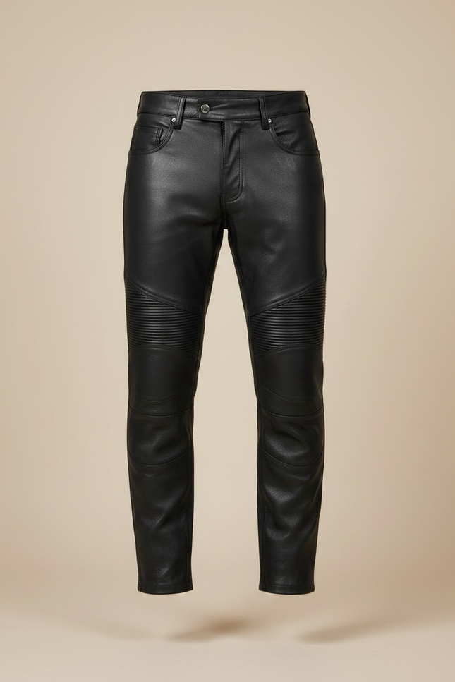Pantalon Noir Cuir Motard Slim Matelassé Homme - vue 3