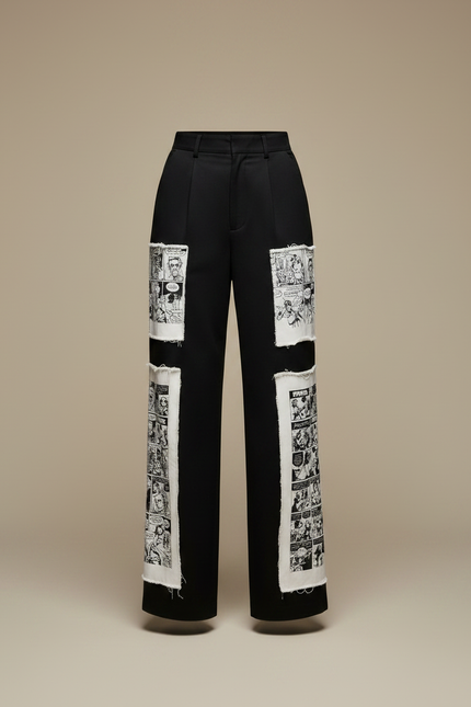 Pantalon Noir Large Imprimé Bande Dessinée Taille Haute - Gabardine - vue 3