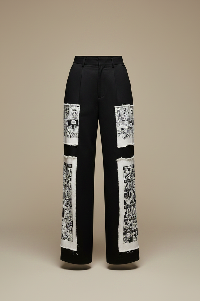 Pantalon Noir Large Imprimé Bande Dessinée Taille Haute - Gabardine - vue 3
