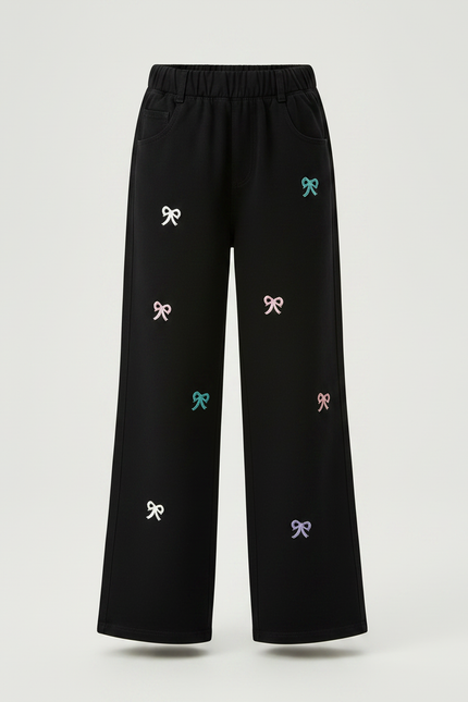 Pantalon Noir Brodé Bows Ample Fille - Molleton - vue 3