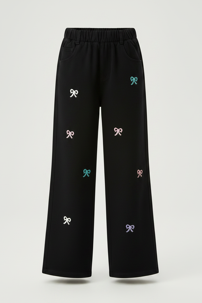 Pantalon Noir Brodé Bows Ample Fille - Molleton - vue 3
