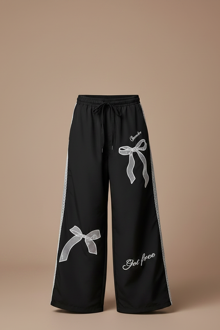 Pantalon Noir Ample Dentelle Nœuds Décontracté - Polyester - vue 3