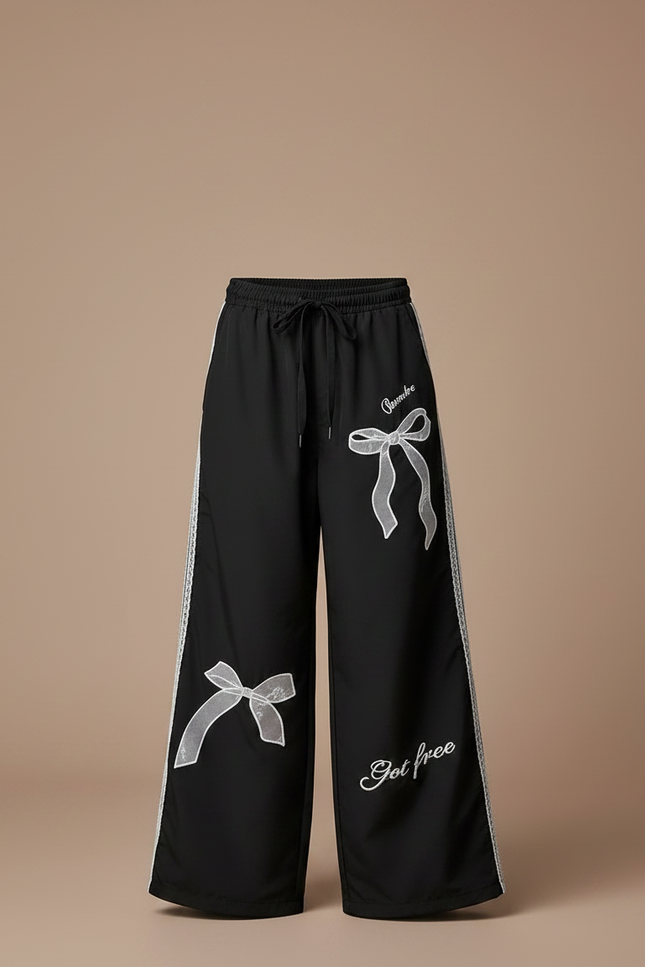 Pantalon Noir Ample Dentelle Nœuds Décontracté - Polyester - vue 3