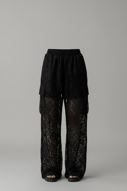 Pantalon Noir Dentelle Transparent Ample Femme - Polyester - vue 3