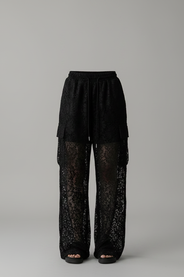 Pantalon Noir Dentelle Transparent Ample Femme - Polyester - vue 3