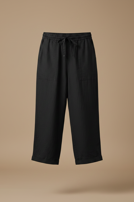 Pantalon Noir Lin Court Décontracté Cordon Femme - vue 3