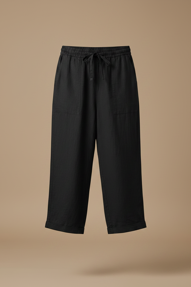 Pantalon Noir Lin Court Décontracté Cordon Femme - vue 3