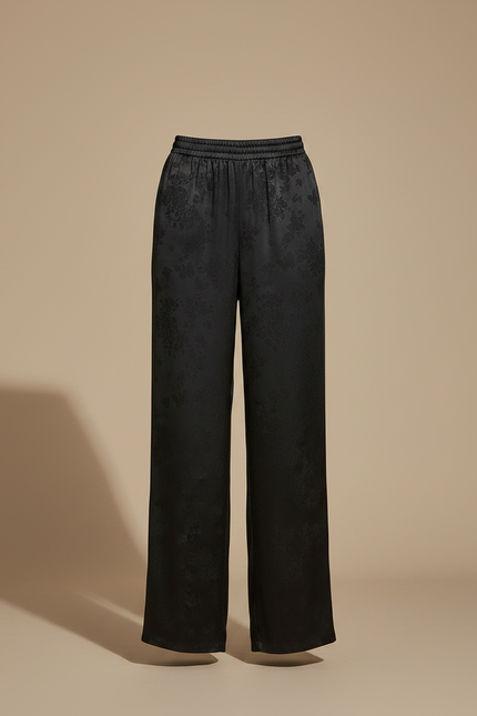 Pantalon Noir Satiné Large Fluide Imprimé Élégant - vue 3