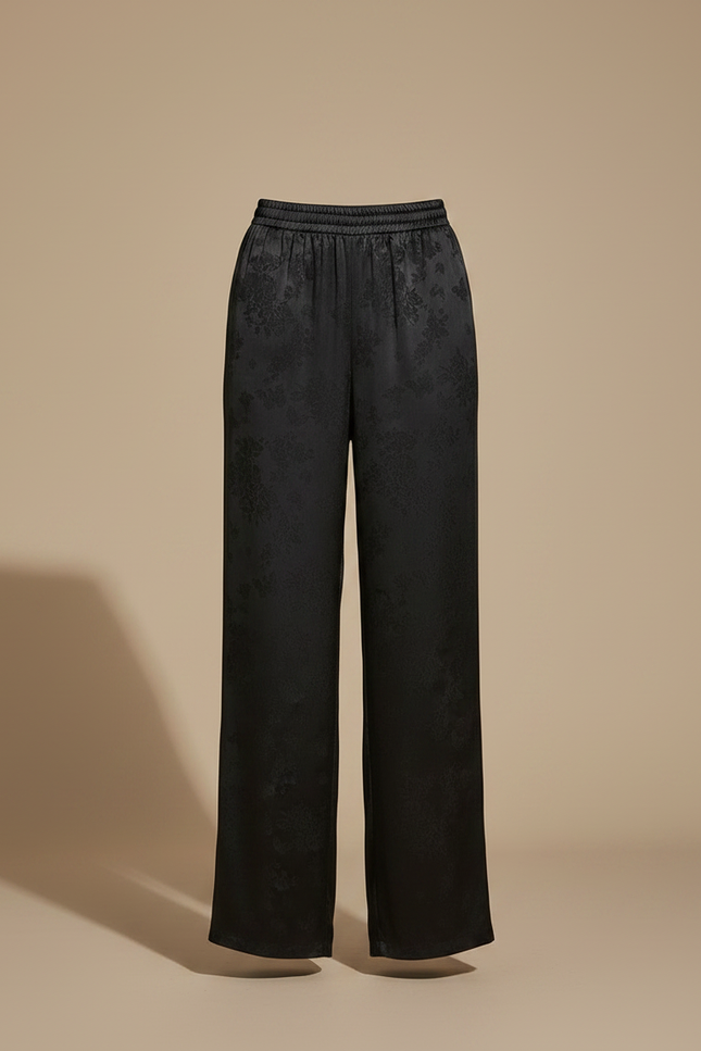 Pantalon Noir Satiné Large Fluide Imprimé Élégant - vue 3