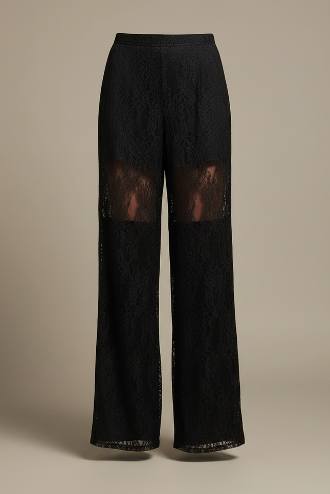 Pantalon Noir Évasé Dentelle Transparente Sexy Élégant - Polyester - vue 3