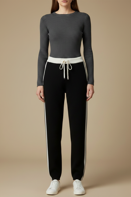 Pantalon Noir Tricoté Rayé Décontracté Confortable - Maille - vue 3