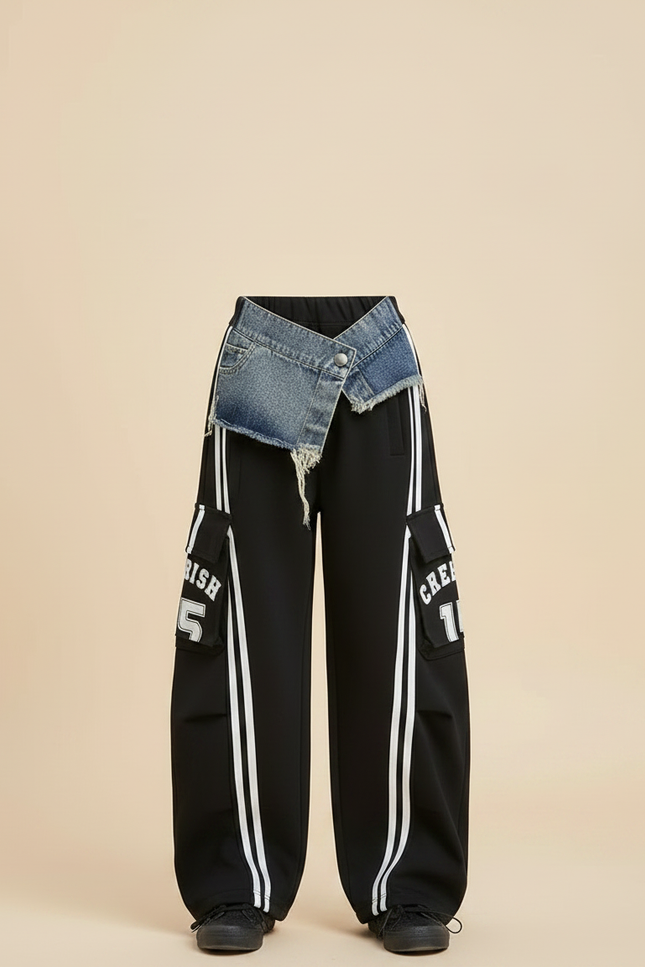 Pantalon Noir Cargo Ample Denim Splicé Fille - Polyester - vue 3