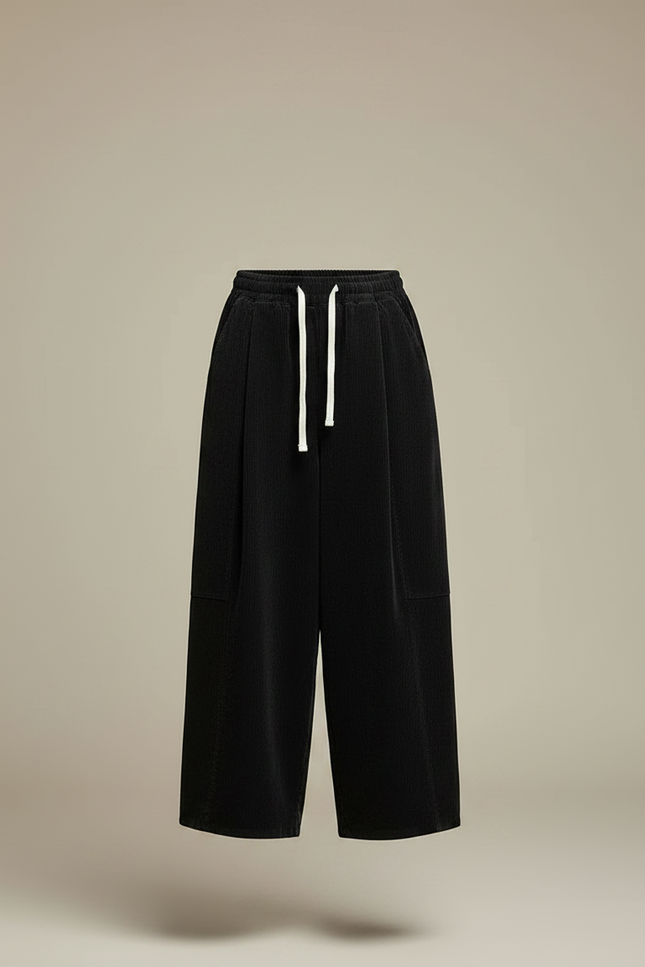 Pantalon Noir Côtelé Ample Décontracté Fluide Femme - Cordé - vue 3