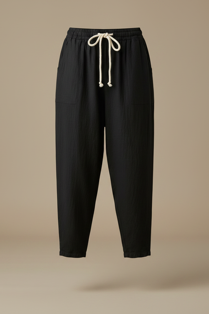 Pantalon Noir Harem Lin Décontracté Femme Cordon - vue 3