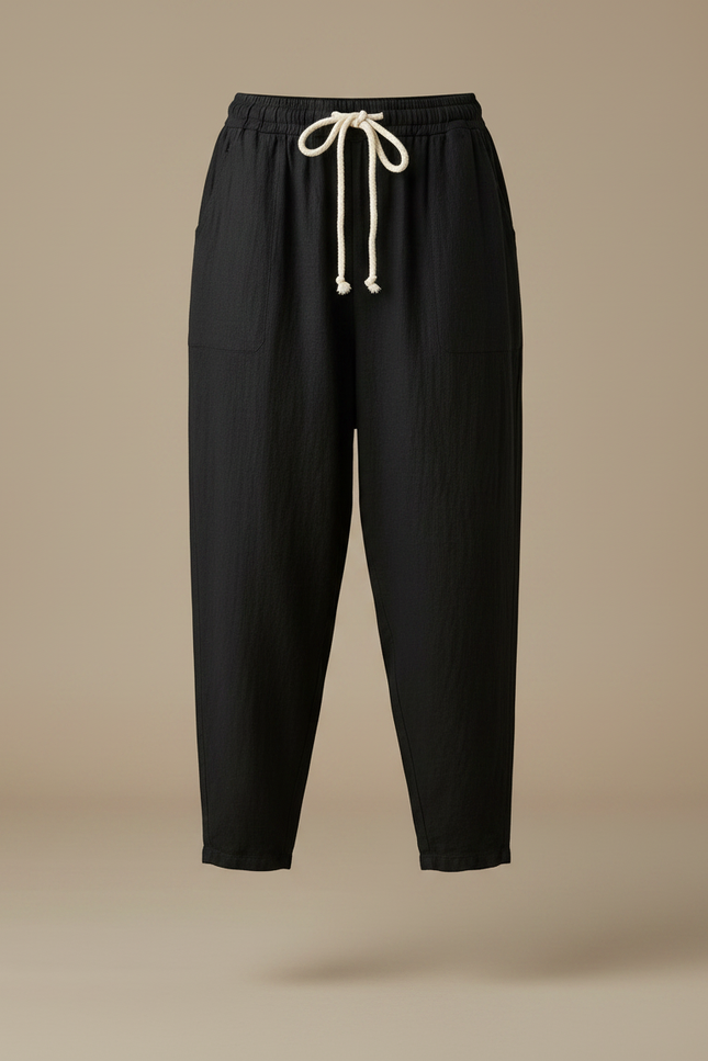 Pantalon Noir Harem Lin Décontracté Femme Cordon - vue 3