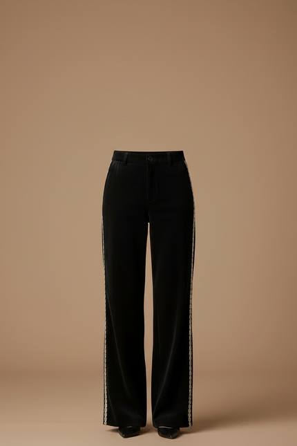 Pantalon Noir Côtelé Ample Décontracté Broderie - Cordé - vue 3