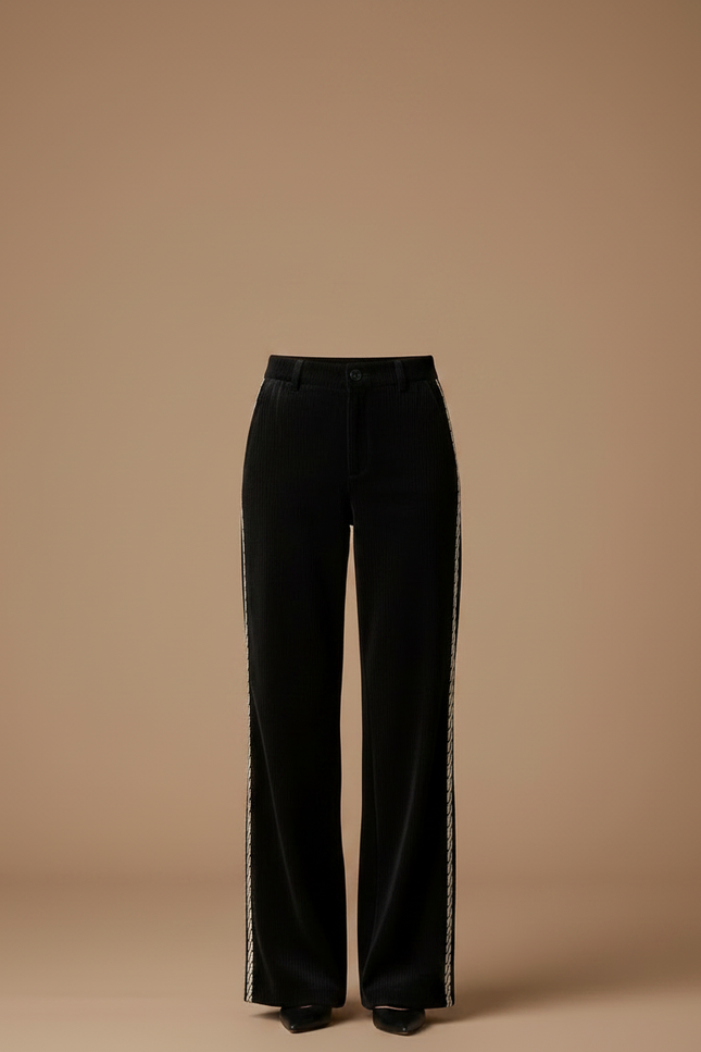 Pantalon Noir Côtelé Ample Décontracté Broderie - Cordé - vue 3