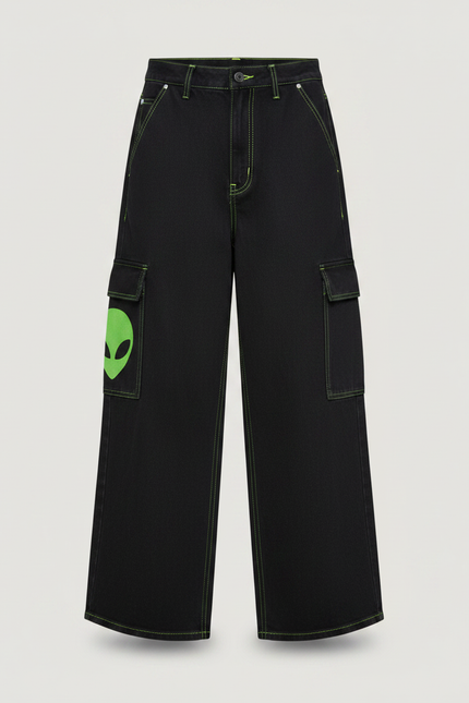 Pantalon Noir Cargo Ample Alien Brodé - Jean - vue 3