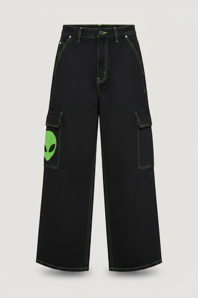 Pantalon Noir Cargo Ample Alien Brodé - Jean - vue 3
