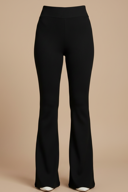 Pantalon Noir Côtelé Évasé Taille Haute Extensible - Maille - vue 3