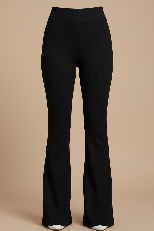 Pantalon Noir Côtelé Évasé Taille Haute Extensible - Maille - vue 3