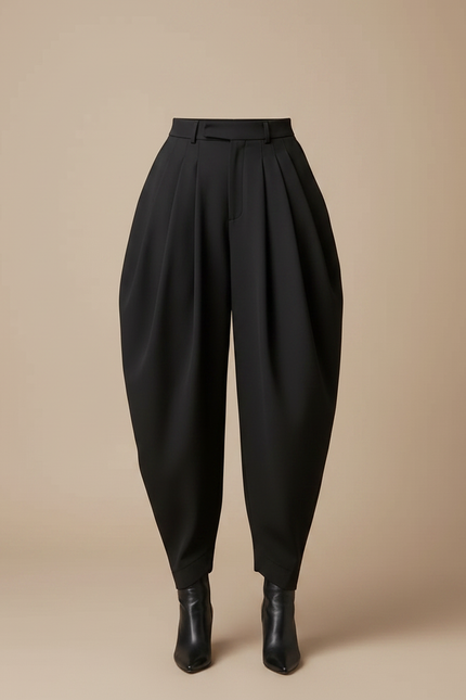 Pantalon Noir Plissé Ample Taille Haute Élégant Femme - Polyester - vue 3