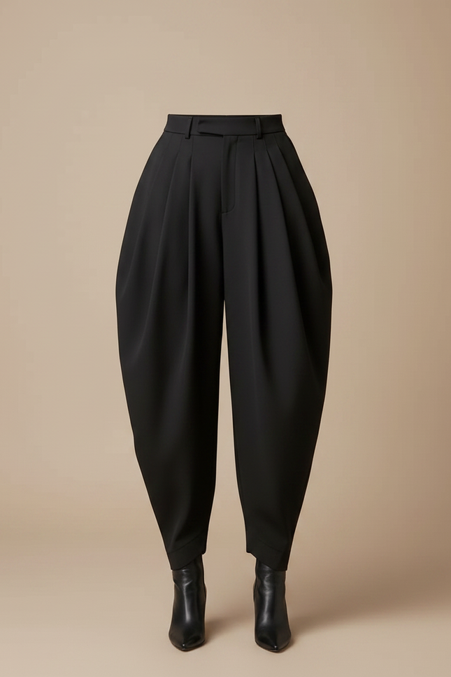 Pantalon Noir Plissé Ample Taille Haute Élégant Femme - Polyester - vue 3