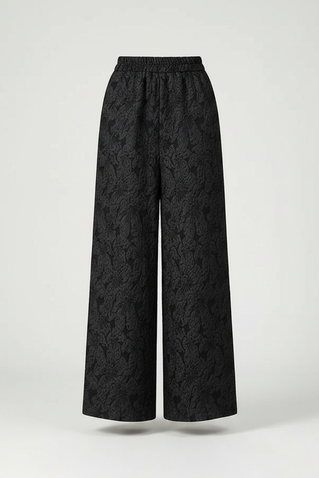 Pantalon Noir Ample Jacquard Rétro Élégant Femme - Maille - vue 3