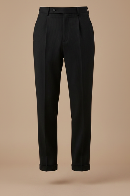 Pantalon Noir Plissé Rayé Laine Élégant Habillé - vue 3