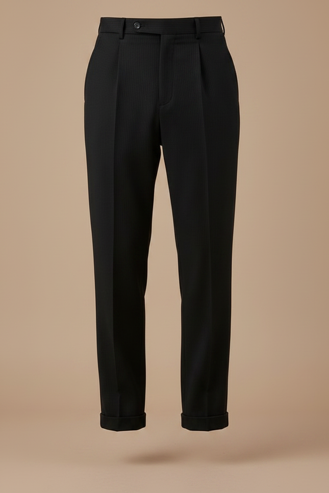 Pantalon Noir Plissé Rayé Laine Élégant Habillé - vue 3