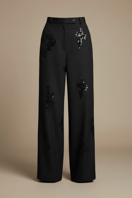 Pantalon Noir Large Pinstripe Brodé Paillettes Élégant - Laine - vue 3