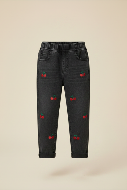 Pantalon Noir Enfant Brodé Cerises Taille Élastique - Jean - vue 3
