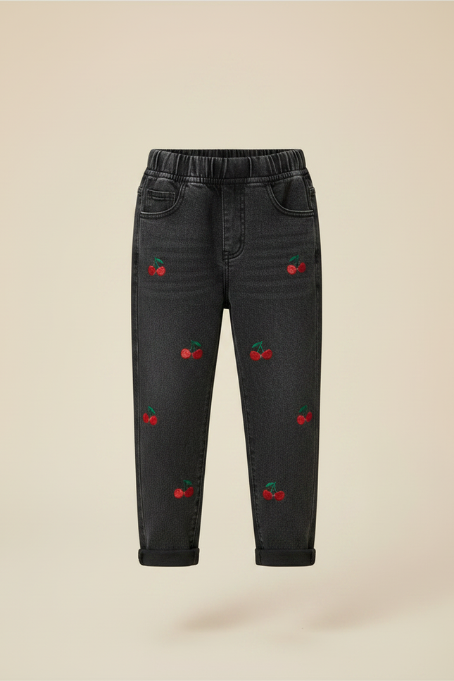 Pantalon Noir Enfant Brodé Cerises Taille Élastique - Jean - vue 3