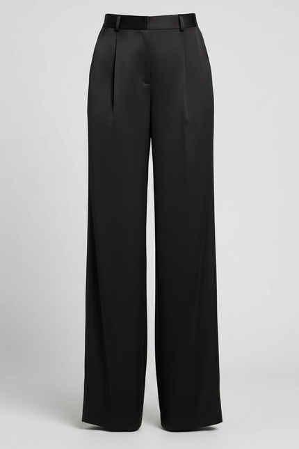 Pantalon Noir Satin Fluide Large Taille Haute - vue 3