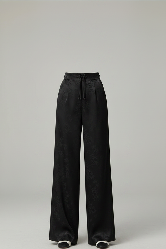 Pantalon Fluide Noir A Fleur - Satin - vue 3